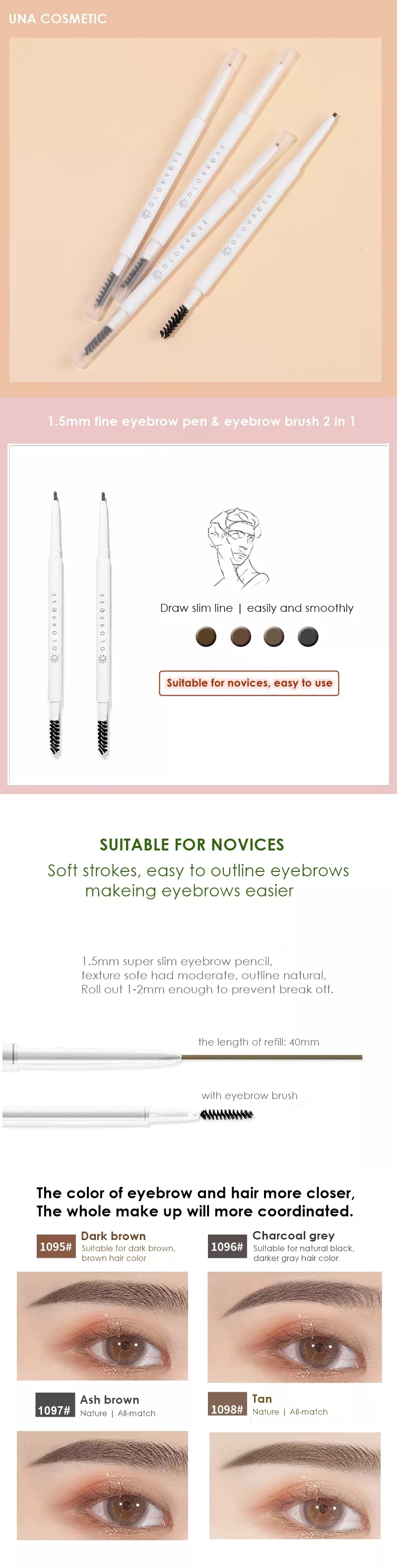 OEM ODM Cosmetics Private Label Vegan Eye Brow Pen Brush 2 in 1 Waterproof 1.5mm Fine Makeup Eyebrow Pencil